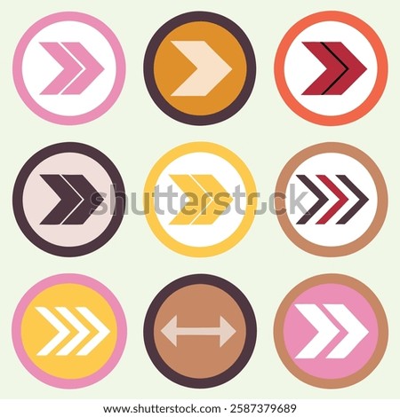 Colorful Round Icons Set  Forward Arrows, Drop Down Menu, Web icon. Settings Icons Collection
