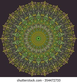 Colorful Round Lace Ornament Pattern. Complex mandala shape for print. Vector lines design in boho, hippie style.