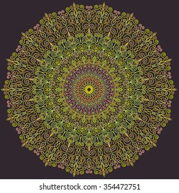 Colorful Round Lace Ornament Pattern. Complex mandala shape for print. Vector lines design in boho, hippie style.