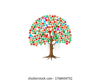 Colorful round leafy Oak tree  vector illustration, isolated on white
