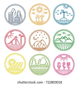 Colorful Round Linear icons and logo design elements with landscapes. Urban and nature scenes multicolor icon set. Vector illustration