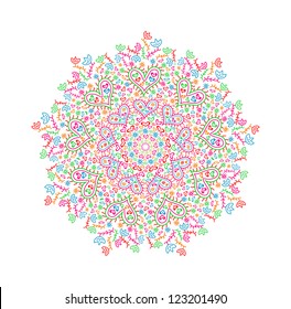 Colorful Round Mandala Element with Heart and Flower Silhouettes for St Valentine's Day. Vector Illustration