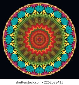Colorful round mandala pattern. Halftone textured bright vector background. Modern moire floral ornament. Motley digital tapestry texture. Halftone decorative flower backdrop. Zipper round frame.