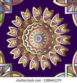 Colorful round mandalas vector seamless pattern. Ethnic style ornamental bright background. Decorative repeat geometric backdrop. Vintage floral ornament. Ornate design for fabric, prints, textile