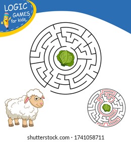 Colorful Round Maze. Labyrinth conundrum with funny character Sheep. Find the right path. Logic Games for kids with Answer. Education worksheet. Activity page. Puzzle for children. Cartoon style.