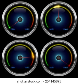 Colorful round meter gauge isolated on black background.