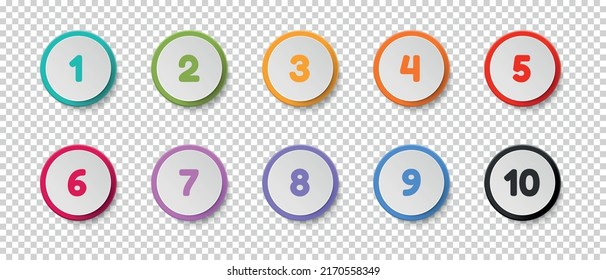 Colorful Round Number Button Set From 1 To 10 - Vector Illustrations Isolated On Transparent Background