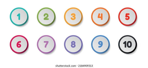 Colorful Round Number Button Set From 1 To 10 - Vector Illustrations Isolated On White Background