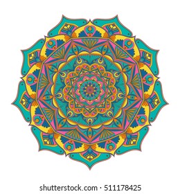 Colorful round ornament. Ethnic mandala design. Boho style. 