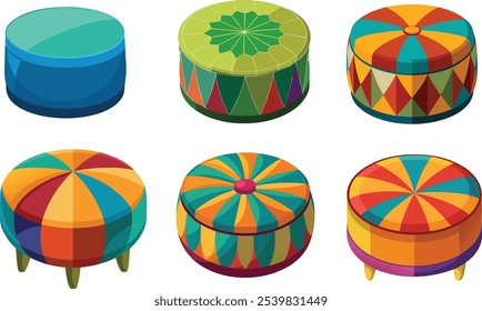 Ottomans redondos coloridos isolados no fundo branco.