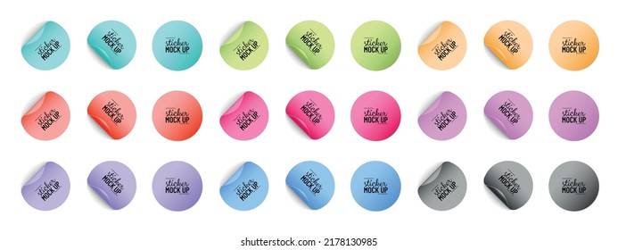 Colorful Round Paper Adhesive Stickers Mock Up With Curved Corner And Shadow - Vector Illustrations Isolated On White Background