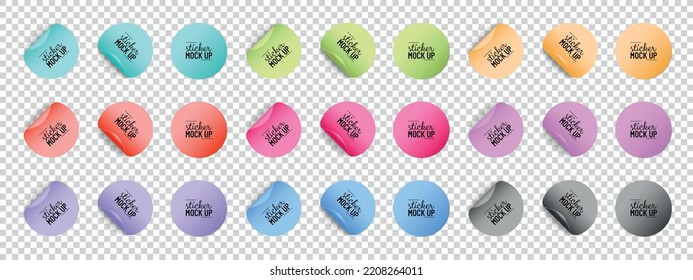 Colorful Round Paper Adhesive Stickers Mock Up With Curved Corner And Shadow - Vector Illustrations Isolated On Transparent Background