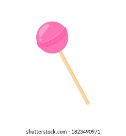 Colorful round pink lollipop, icon isolated on white background. Glossy candy sugar element. Cartoon flat design. Vector illustration. 