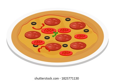 Colorful round pizza on plate with tomato, olives, salami isolated on white background. Italian cuisine, fast food.