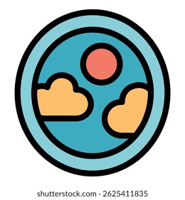 Colorful round porthole window showing sun and clouds in a blue sky, simple travel icon