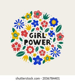 Colorful round shape of abstract flowers and leaves with lettering Girl Power in center isolated on paslel background.  Women's motivational slogan. Vector illustration