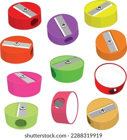 Colorful round sharpeners isolated on white backdrop.