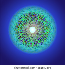 Colorful round spiral pattern on a blue background. Halftone, dots, circular, explosion, candy holiday. Lilac, green, blue, azure, aqua