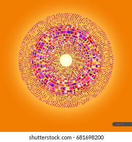 Colorful round spiral pattern on a yellow background. Halftone, dots, circular, explosion, candy holiday. Lilac, pink, yellow