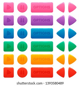 Colorful round, square, rectangular buttons set. Play, pause, options and arrow buttons. Assets for web or game design, app icons vector template isolated on white background.