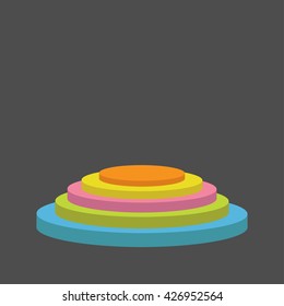 Colorful Round Stage Podium. Empty Pedistal For Display. 3d Realistic Platform For Design. Isolated. Black Background. Template. Flat Design. Vector Illustration