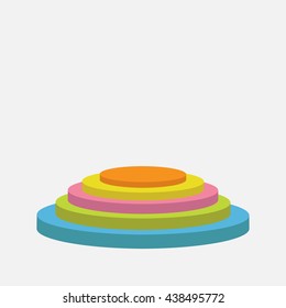 Colorful round stage podium. Empty pedistal for display. 3d realistic platform for design. Isolated. White background. Template. Flat design. Vector illustration