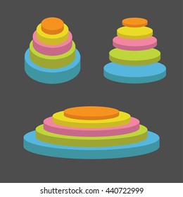 Colorful Round Stage Podium Set. Empty Pedistal For Display. 3d Realistic Platform For Design. Isolated. Black Background. Template. Flat Design. Vector Illustration