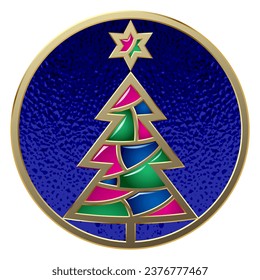 Colorful round stained glass icon with Christmas tree isolated on white. Christmas and New Year decoration and greeting card template. Vector illustration