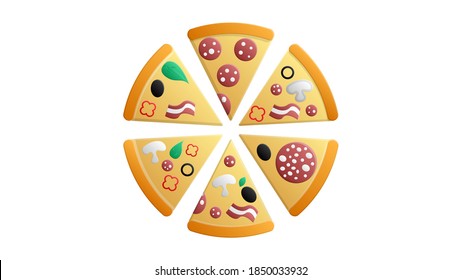 Colorful round tasty pizza on white background with salami tomato mushrooms and olives flat isolated vector illustration.