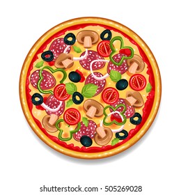 Colorful round tasty pizza on white background with salami tomato mushrooms and olives flat isolated vector illustration