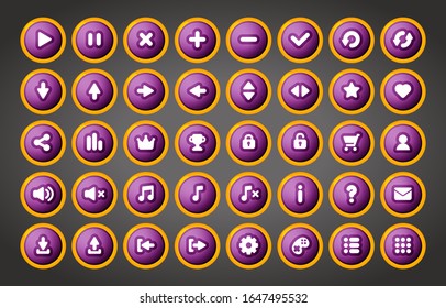 Colorful round UI game buttons in cartoon style. Vector game user interface buttons for 2d video application.