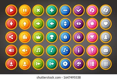 Colorful Round UI Game Buttons In Cartoon Style. Vector Game User Interface Buttons For 2d Video Application.