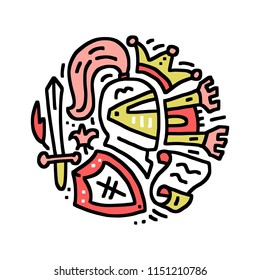 Colorful round vector logo of composed medieval symbols of knight and chivalry isolated on white background