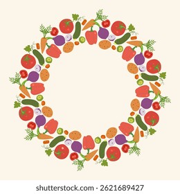 Colorful round vegetable frame with tomato, carrot, bell pepper, cucumber, and onion. Flat vector illustration on light background for healthy food and organic themes