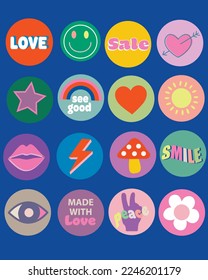 colorful round vintage stickers set for a business, planner or for fashion patches and prints.