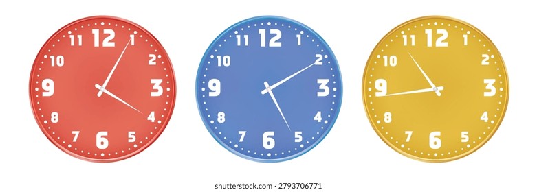 Colorful Round Wall Clock Set with Red, Blue and Yellow Analog Time Display. Realistic Modern Clock Face Collection Isolated on White Background Vector Illustration