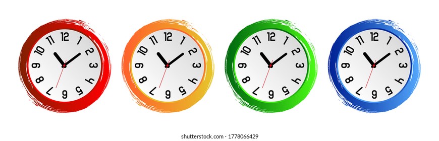 Colorful round wall clocks set.