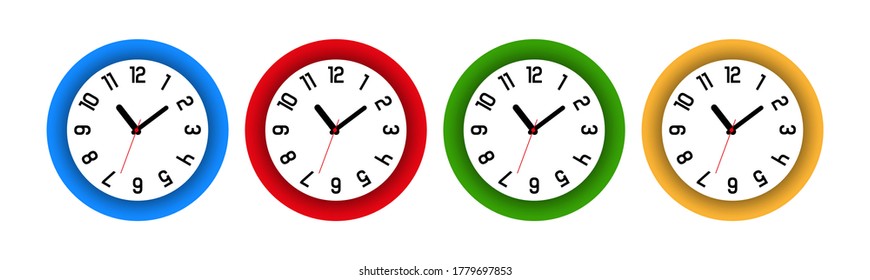 Colorful round wall clocks set.