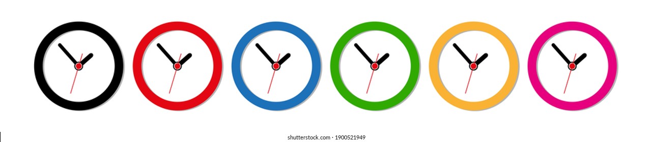 Colorful round wall clocks set.