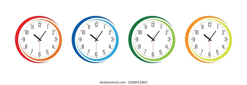 Colorful round wall clocks set.