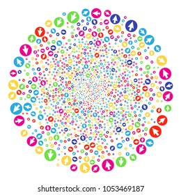 Colorful Rounded Arrow sparkler sphere. Vector cluster explosion created by scattered rounded arrow symbols. Multicolored Vector illustration.