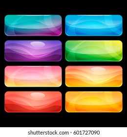 Colorful rounded rectangle glossy buttons set, vector assets for web or game design, app icons vector template isolated on black background.