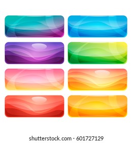 Colorful rounded rectangle glossy buttons set, vector assets for web or game design, app icons vector template isolated on white background.