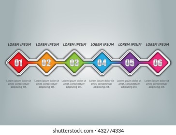 Colorful Rounded Rectangle With Number and Information Text, Metallic Color, 6 Options, Timeline/Workflow/Element Layout Design, Vector Illustration