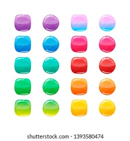Colorful rounded square and circle glossy buttons set. Vector assets for web or game design, app buttons, icons template isolated on white background.