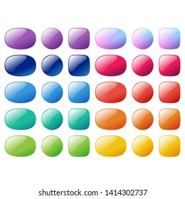 Colorful rounded square, ellipse, oval and circle, round glossy buttons set. Vector assets for web or game design, app buttons, icons template isolated on white background.