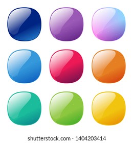 Colorful rounded square glossy buttons set. Vector assets for web or game design, app buttons, icons template isolated on white background.