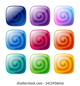 Colorful rounded square glossy candies with spirals set. Vector assets for web or game design, app buttons, icons template isolated on white background.