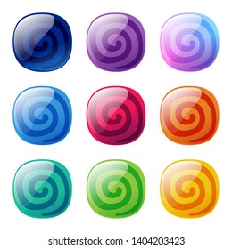 Colorful rounded square glossy candy with spirals set. Vector assets for web or game design, app buttons, icons template isolated on white background.