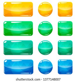 Colorful rounded square, rectangle and circle glossy buttons set, vector assets for web or game design, app icons vector template isolated on white background.